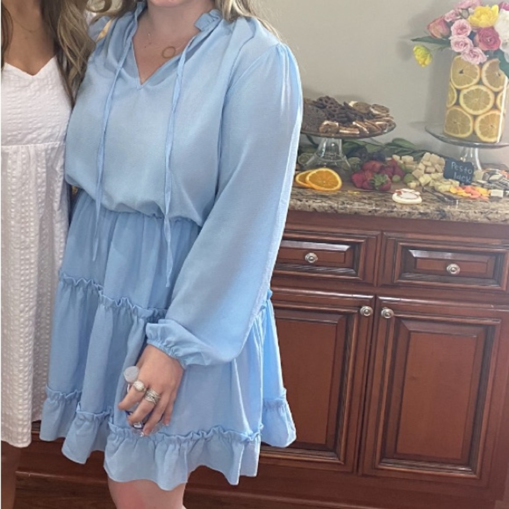 Dokotoo Women Dresses Cute Spring Boho Deep V Neck Ruffle Chiffon Blue Large